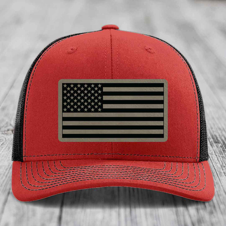 American Flag - Leather Patch Hat - Light Brown to Black Patch - Richardson 112 Snapback Trucker Hat