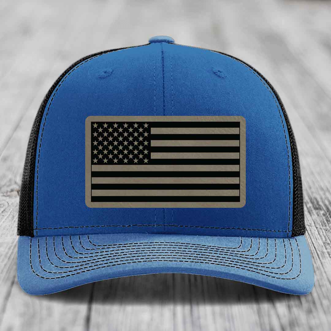 American Flag - Leather Patch Hat - Light Brown to Black Patch - Richardson 112 Snapback Trucker Hat