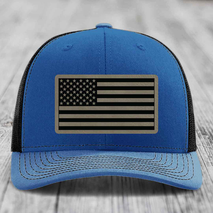 American Flag - Leather Patch Hat - Light Brown to Black Patch - Richardson 112 Snapback Trucker Hat