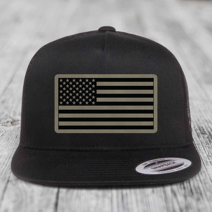 American Flag - Leather Patch Hat - Light Brown to Black Patch - Yupoong 6006 Snapback Flatbill Hat