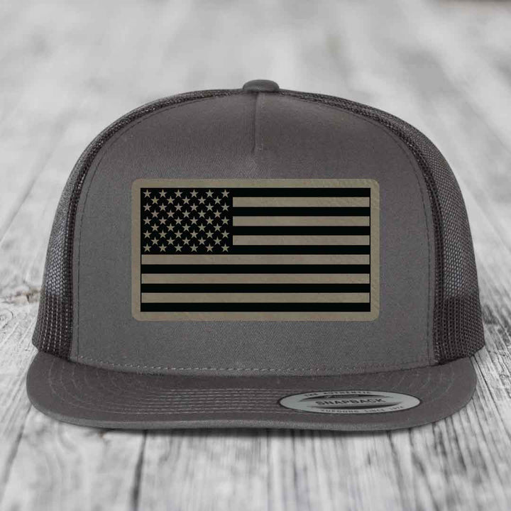 American Flag - Leather Patch Hat - Light Brown to Black Patch - Yupoong 6006 Snapback Flatbill Hat