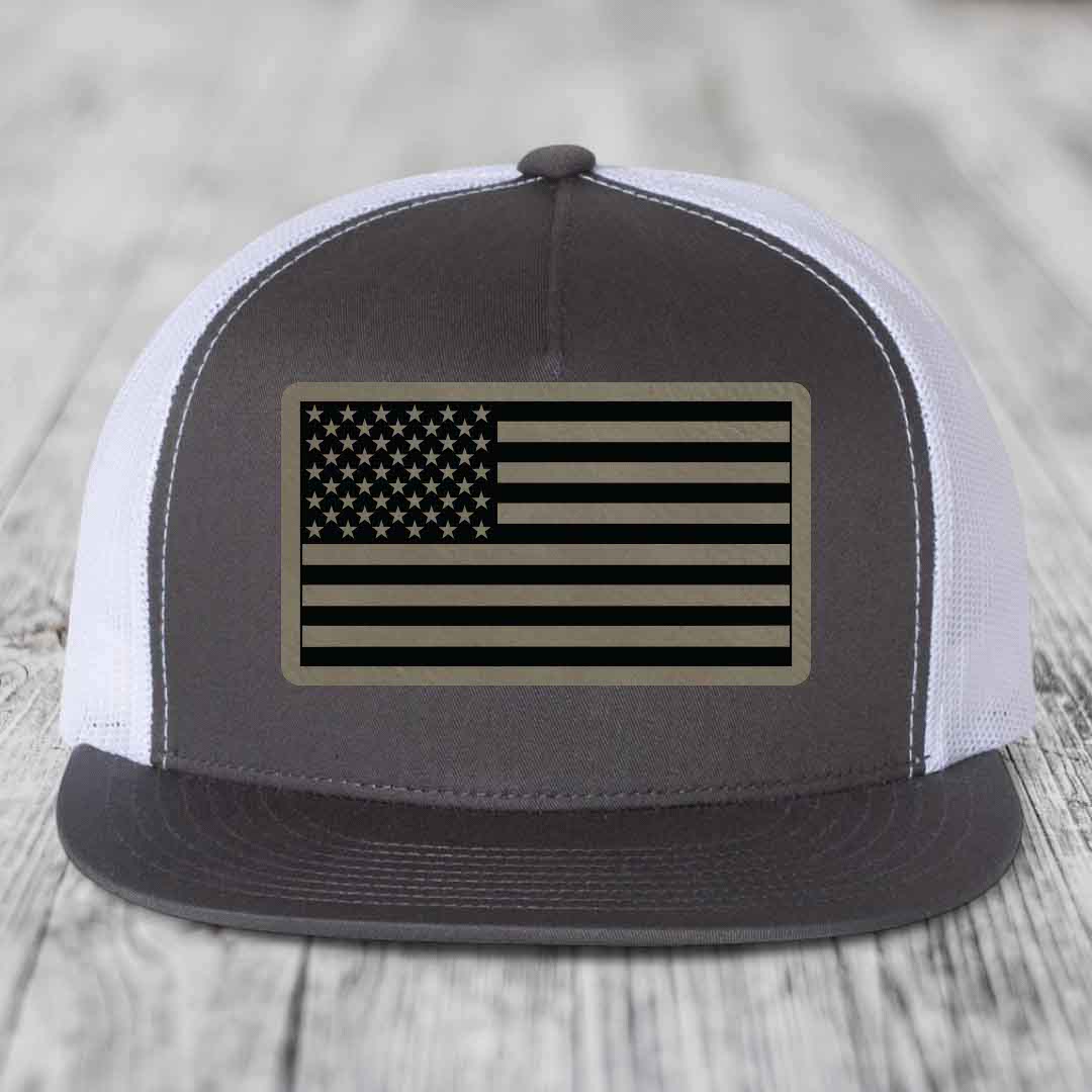 American Flag - Leather Patch Hat - Light Brown to Black Patch - Yupoong 6006 Snapback Flatbill Hat