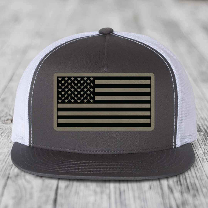 American Flag - Leather Patch Hat - Light Brown to Black Patch - Yupoong 6006 Snapback Flatbill Hat