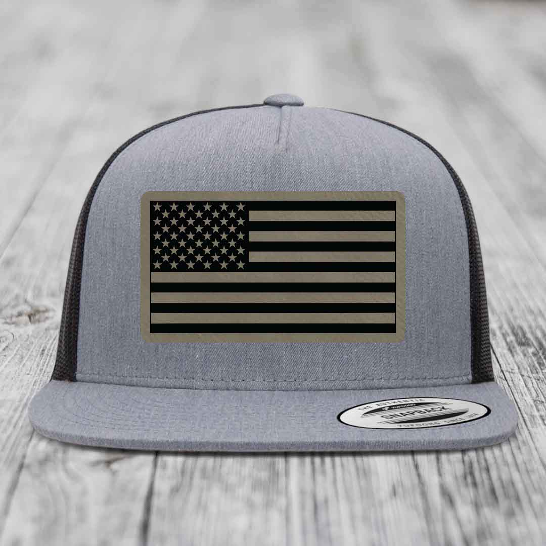 American Flag - Leather Patch Hat - Light Brown to Black Patch - Yupoong 6006 Snapback Flatbill Hat