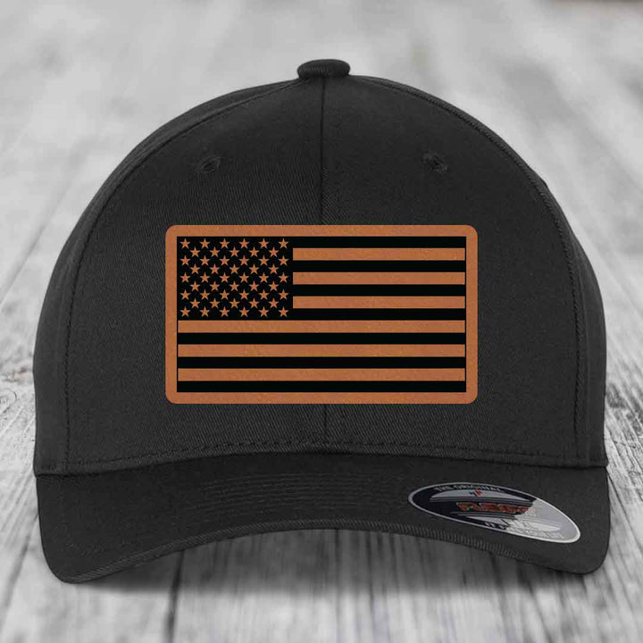 American Flag - Leather Patch Hat - Rawhide to Black Patch - Flexfit 6277 Fitted Hat