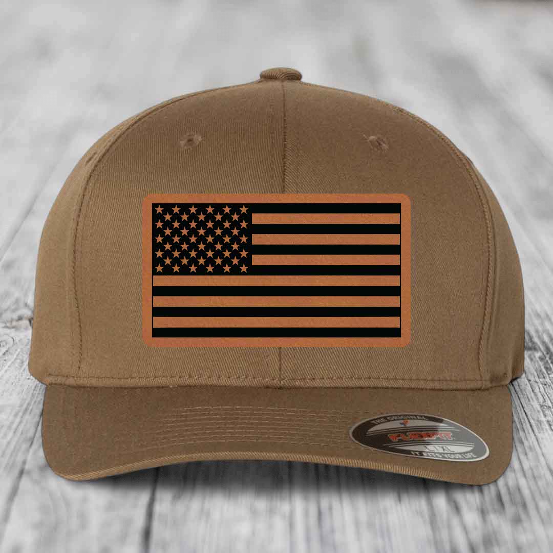 American Flag - Leather Patch Hat - Rawhide to Black Patch - Flexfit 6277 Fitted Hat