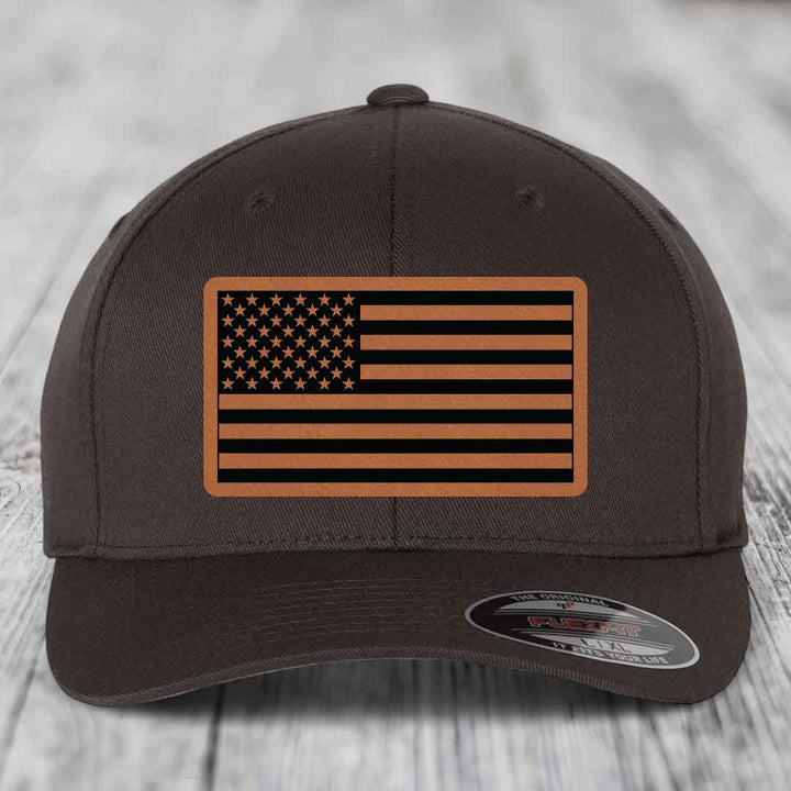 American Flag - Leather Patch Hat - Rawhide to Black Patch - Flexfit 6277 Fitted Hat