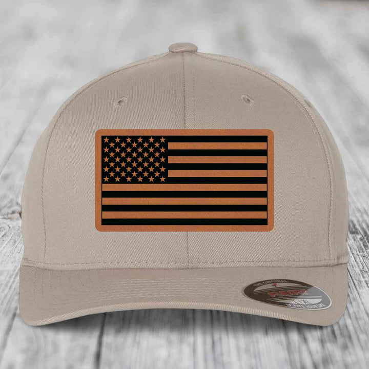 American Flag - Leather Patch Hat - Rawhide to Black Patch - Flexfit 6277 Fitted Hat