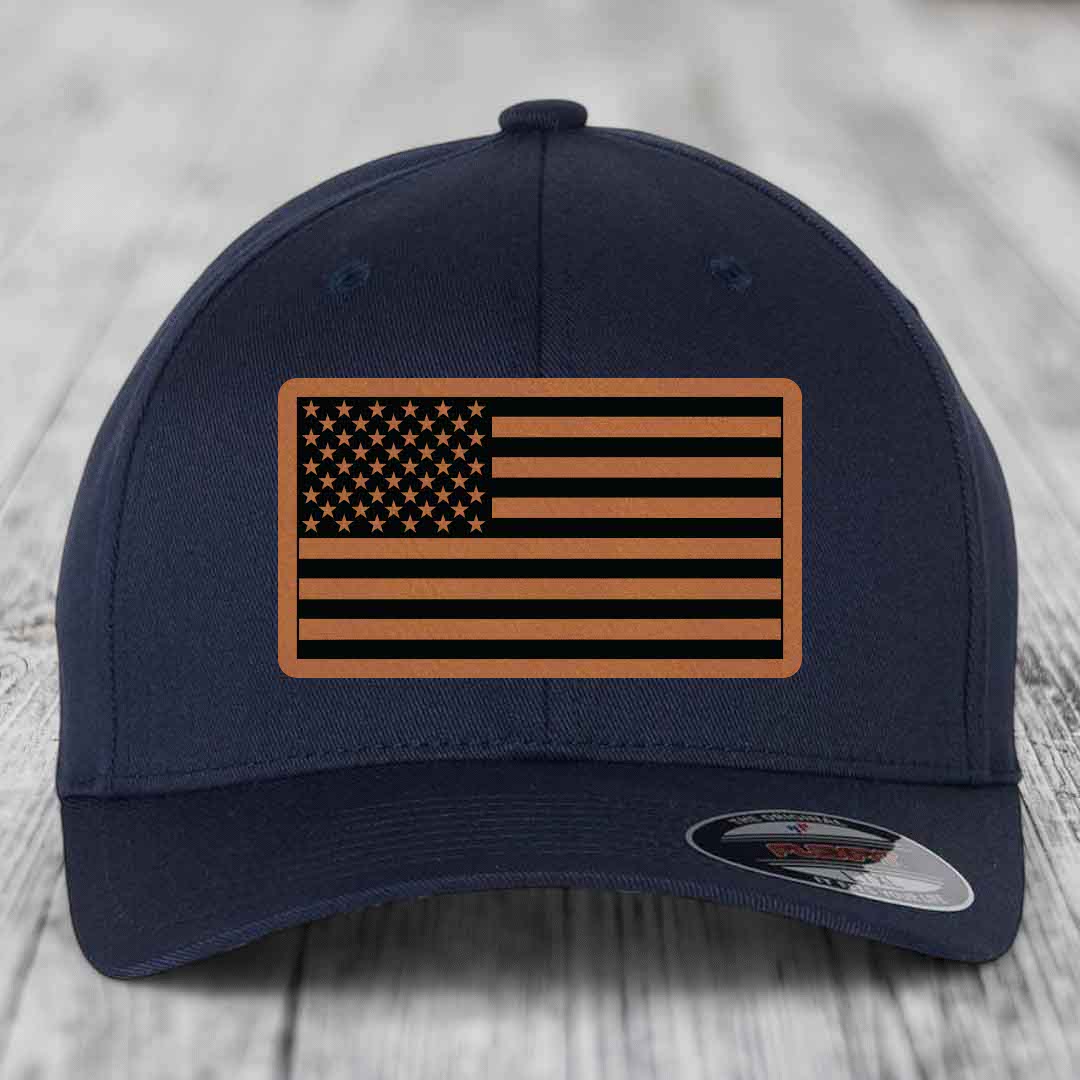 American Flag - Leather Patch Hat - Rawhide to Black Patch - Flexfit 6277 Fitted Hat