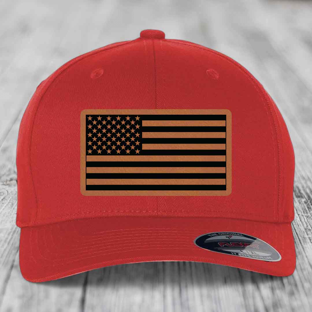 American Flag - Leather Patch Hat - Rawhide to Black Patch - Flexfit 6277 Fitted Hat