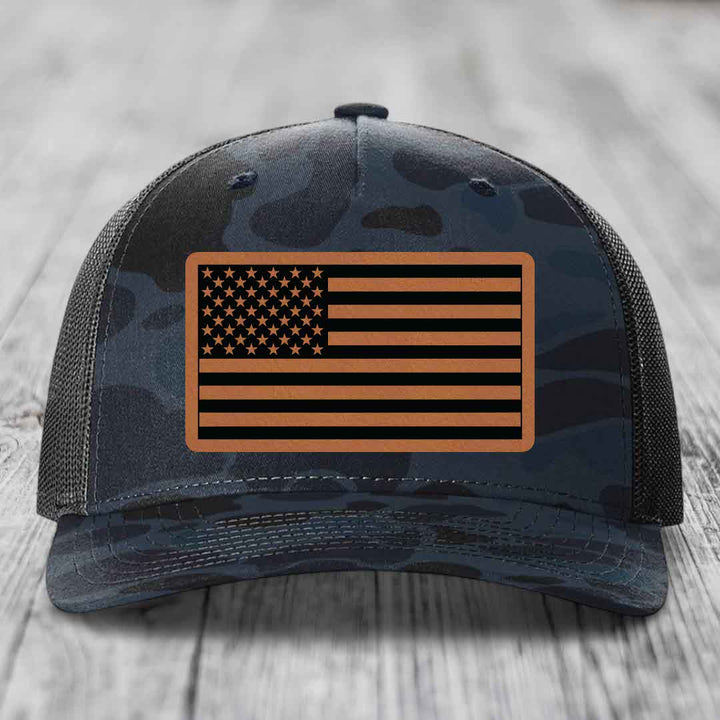 American Flag - Leather Patch Hat - Rawhide to Black Patch - Richardson 112PFP Snapback Trucker Hat