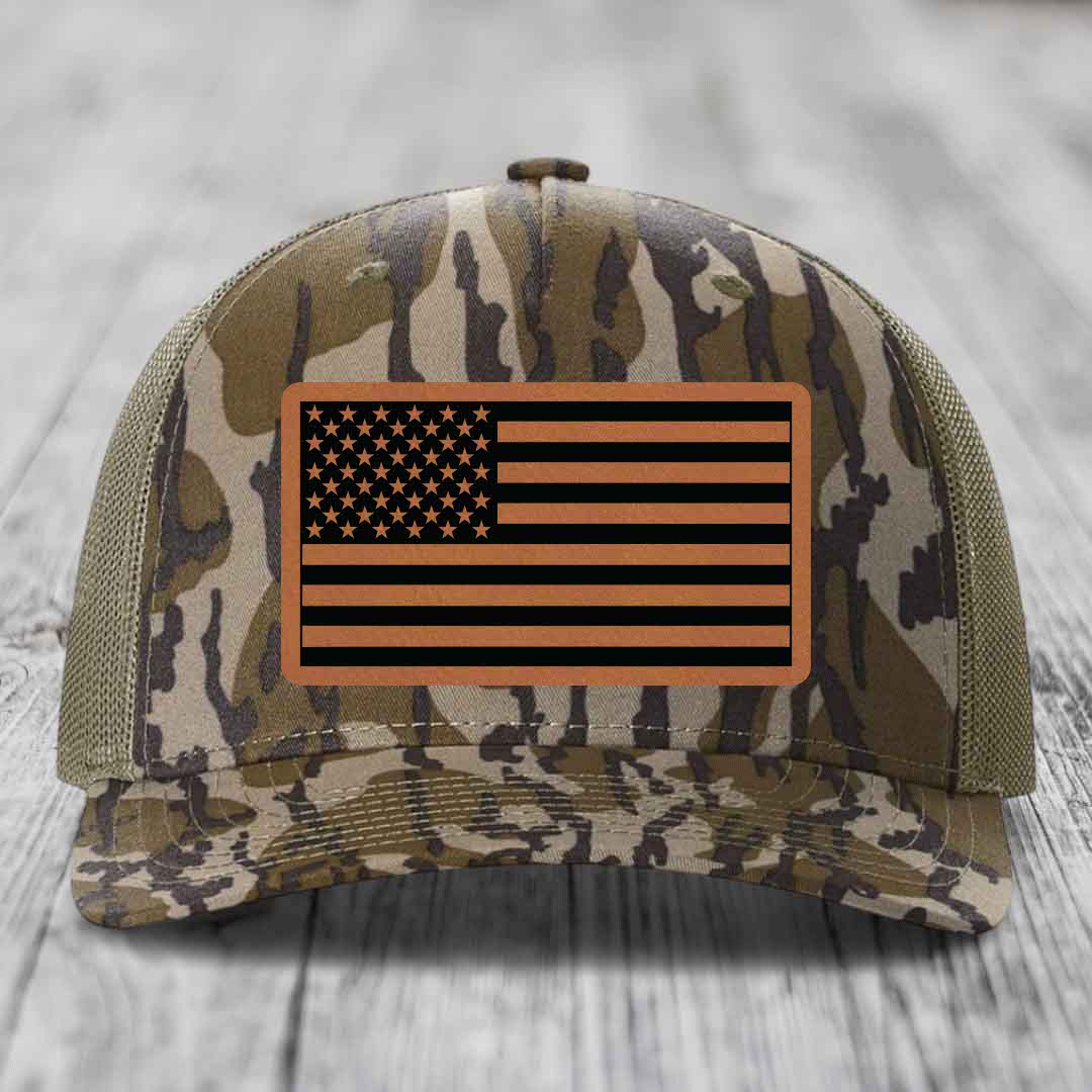 American Flag - Leather Patch Hat - Rawhide to Black Patch - Richardson 112PFP Snapback Trucker Hat