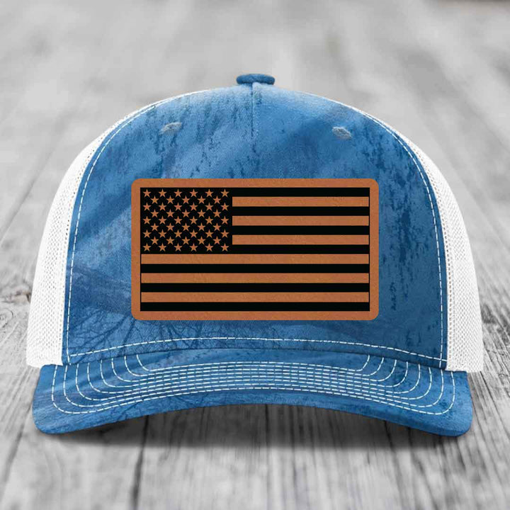 American Flag - Leather Patch Hat - Rawhide to Black Patch - Richardson 112PFP Snapback Trucker Hat