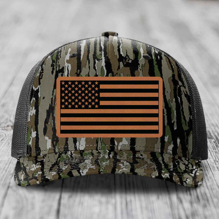 American Flag - Leather Patch Hat - Rawhide to Black Patch - Richardson 112PFP Snapback Trucker Hat