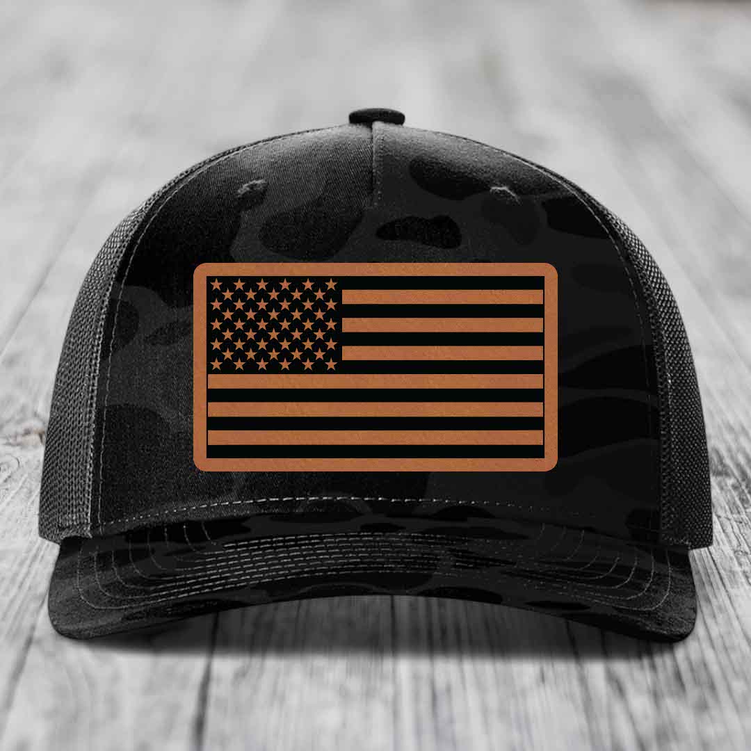 American Flag - Leather Patch Hat - Rawhide to Black Patch - Richardson 112PFP Snapback Trucker Hat