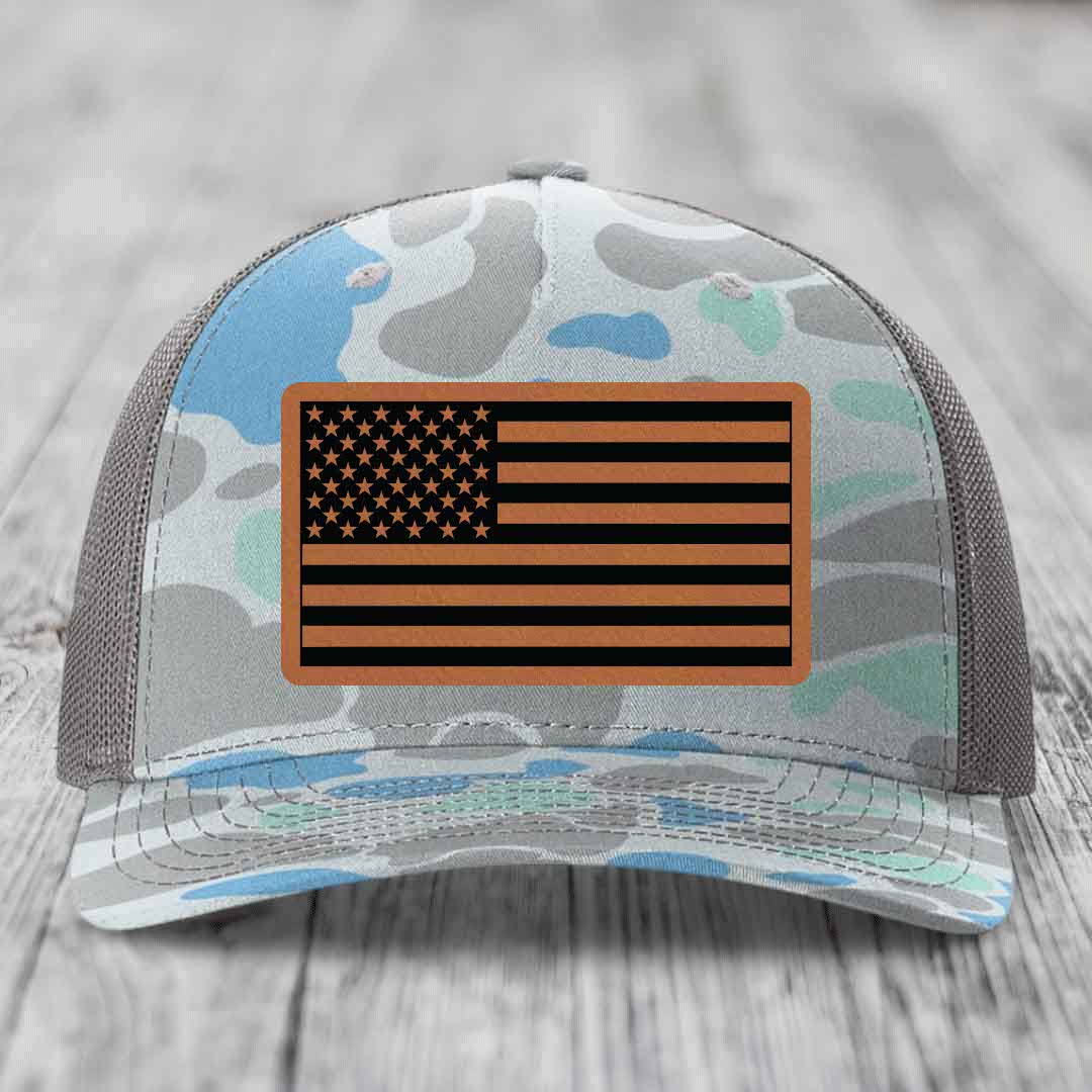 American Flag - Leather Patch Hat - Rawhide to Black Patch - Richardson 112PFP Snapback Trucker Hat