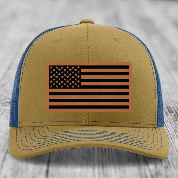 American Flag - Leather Patch Hat - Rawhide to Black Patch - Richardson 112 Snapback Trucker Hat