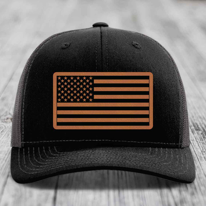 American Flag - Leather Patch Hat - Rawhide to Black Patch - Richardson 112 Snapback Trucker Hat