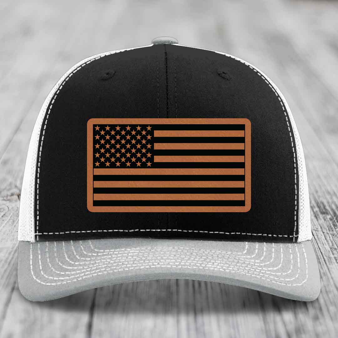 American Flag - Leather Patch Hat - Rawhide to Black Patch - Richardson 112 Snapback Trucker Hat