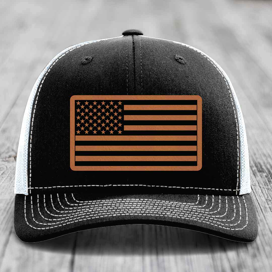 American Flag - Leather Patch Hat - Rawhide to Black Patch - Richardson 112 Snapback Trucker Hat