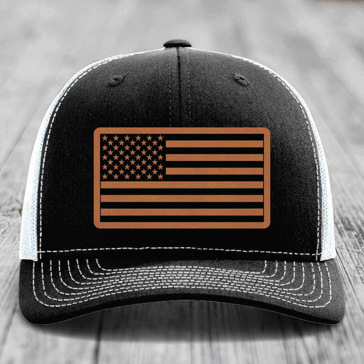 American Flag - Leather Patch Hat - Rawhide to Black Patch - Richardson 112 Snapback Trucker Hat