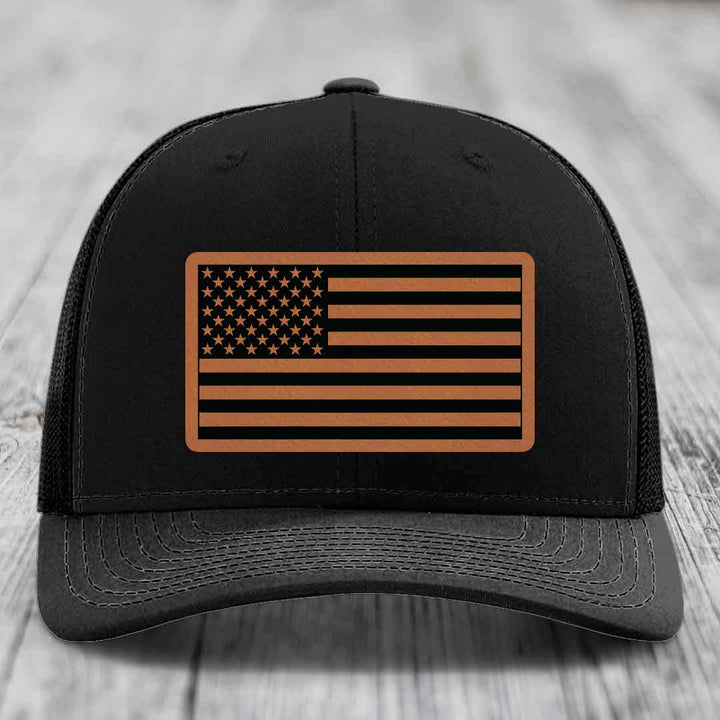 American Flag - Leather Patch Hat - Rawhide to Black Patch - Richardson 112 Snapback Trucker Hat