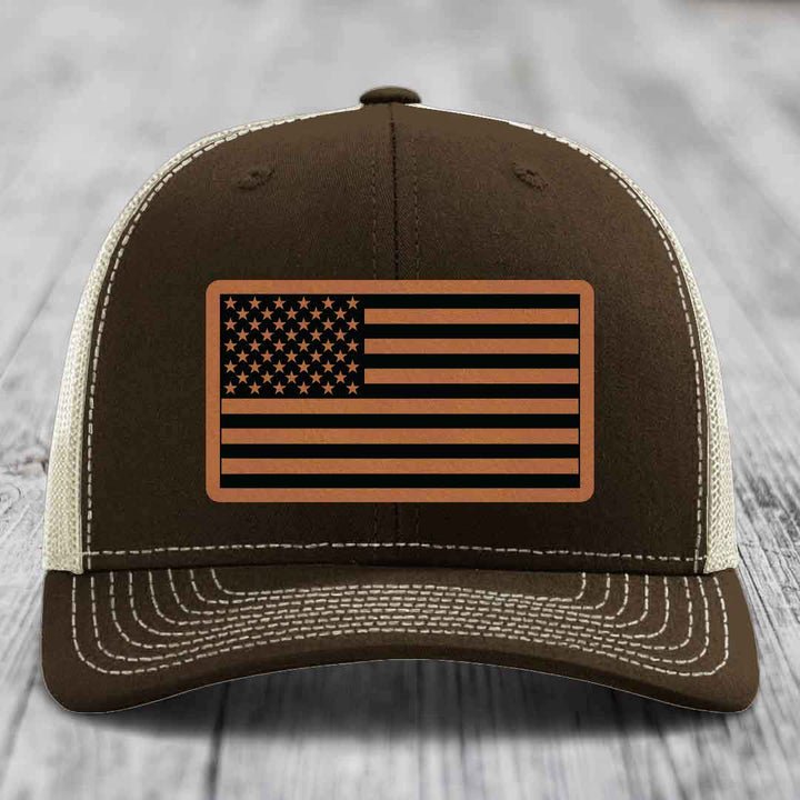 American Flag - Leather Patch Hat - Rawhide to Black Patch - Richardson 112 Snapback Trucker Hat