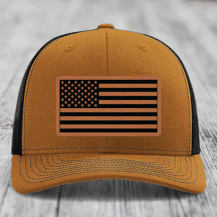 American Flag - Leather Patch Hat - Rawhide to Black Patch - Richardson 112 Snapback Trucker Hat