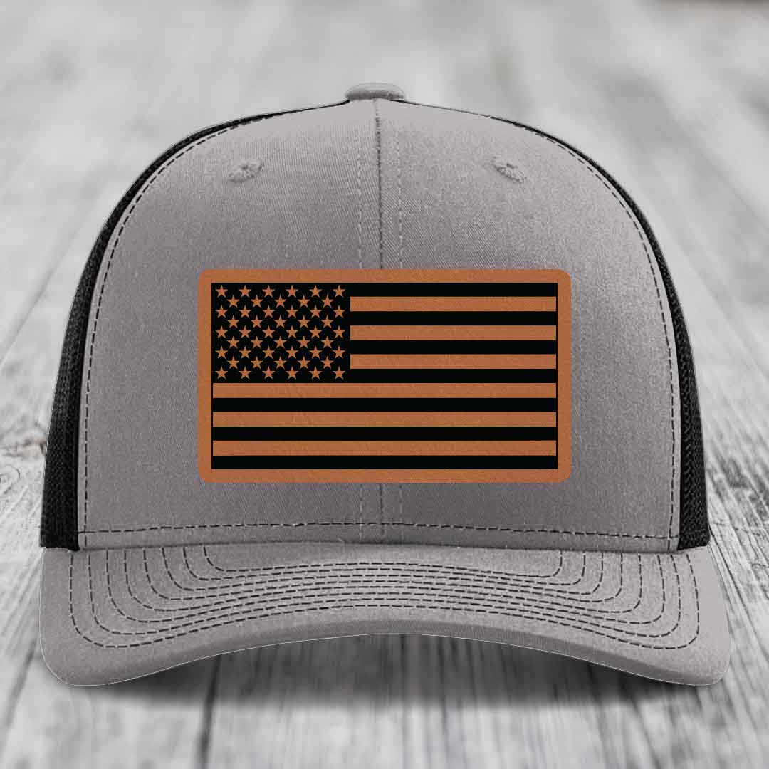 American Flag - Leather Patch Hat - Rawhide to Black Patch - Richardson 112 Snapback Trucker Hat