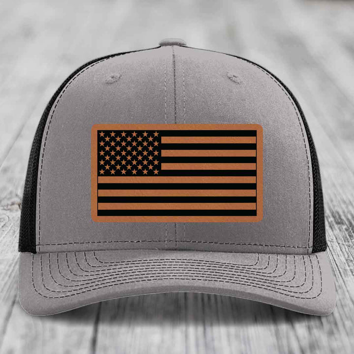 American Flag - Leather Patch Hat - Rawhide to Black Patch - Richardson 112 Snapback Trucker Hat