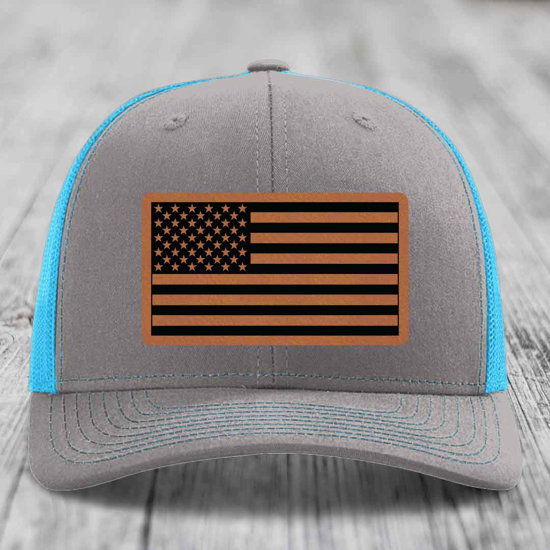 American Flag - Leather Patch Hat - Rawhide to Black Patch - Richardson 112 Snapback Trucker Hat