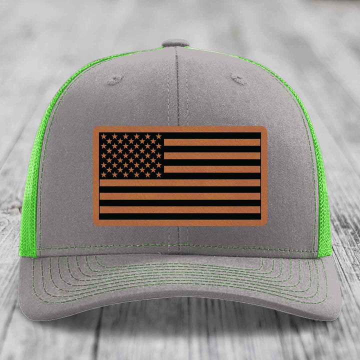 American Flag - Leather Patch Hat - Rawhide to Black Patch - Richardson 112 Snapback Trucker Hat