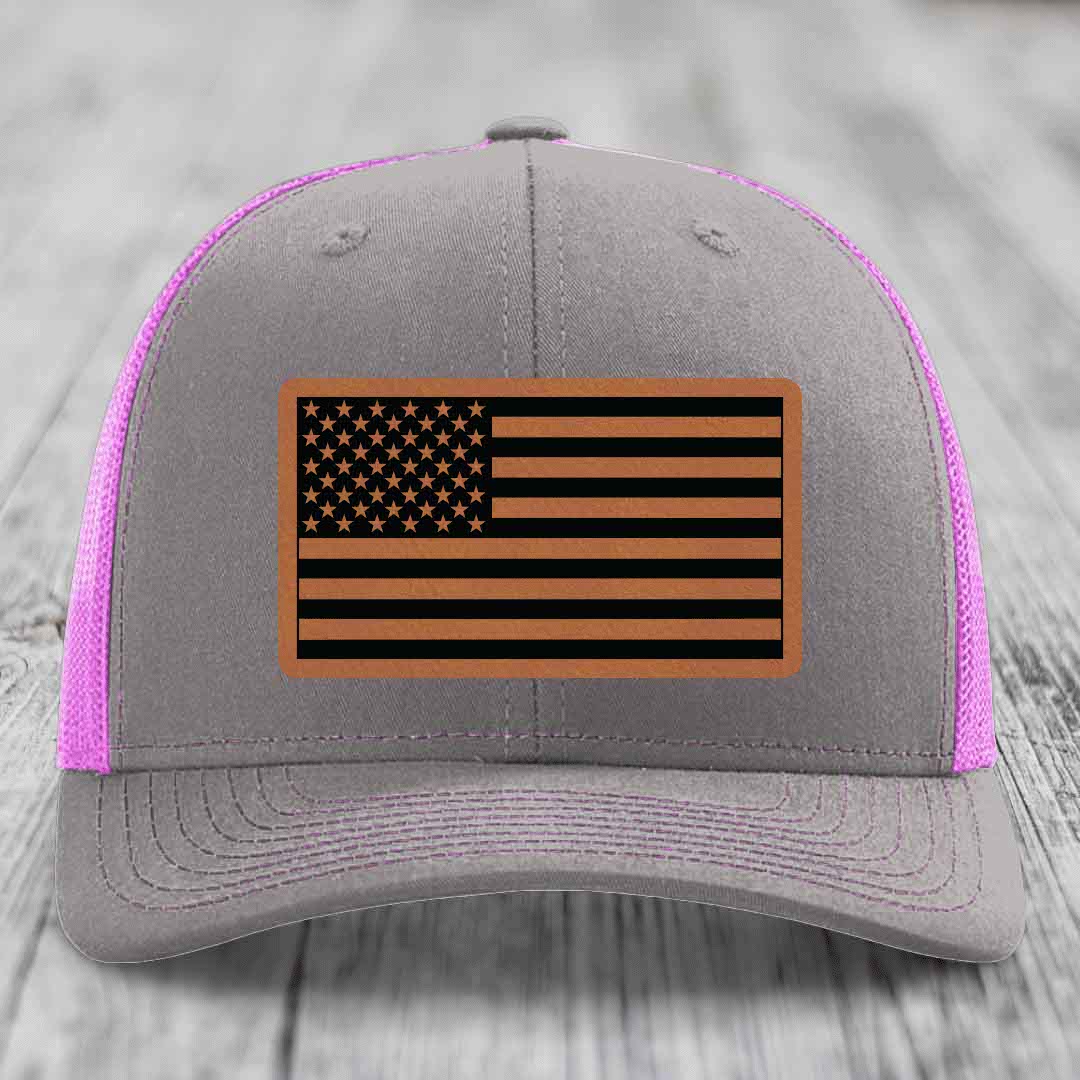American Flag - Leather Patch Hat - Rawhide to Black Patch - Richardson 112 Snapback Trucker Hat