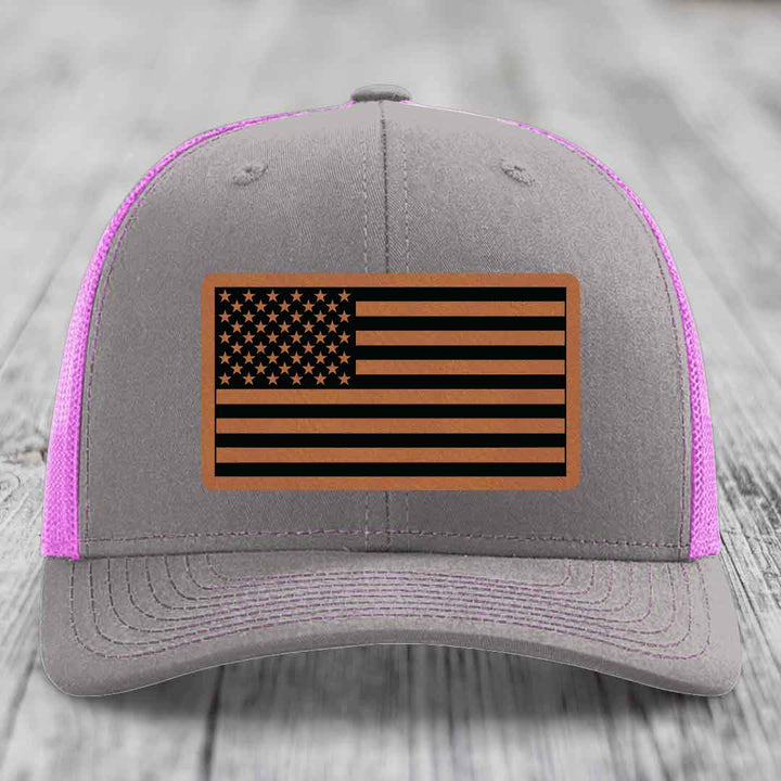 American Flag - Leather Patch Hat - Rawhide to Black Patch - Richardson 112 Snapback Trucker Hat