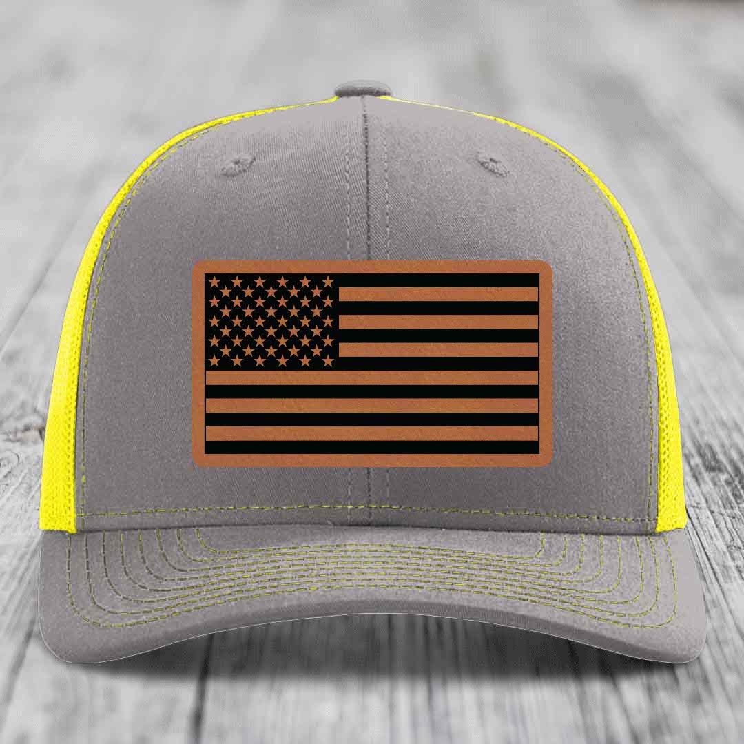 American Flag - Leather Patch Hat - Rawhide to Black Patch - Richardson 112 Snapback Trucker Hat