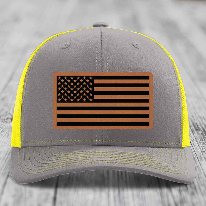 American Flag - Leather Patch Hat - Rawhide to Black Patch - Richardson 112 Snapback Trucker Hat
