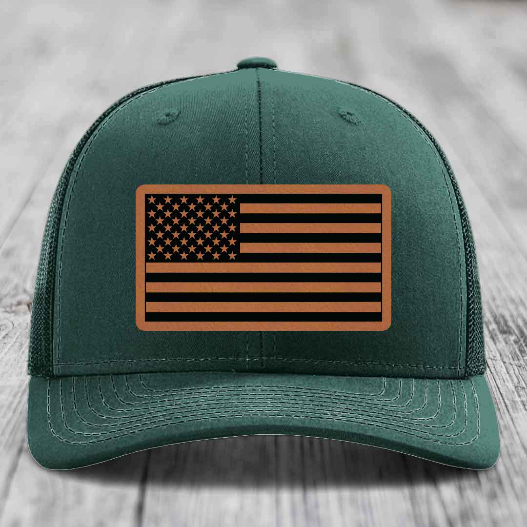 American Flag - Leather Patch Hat - Rawhide to Black Patch - Richardson 112 Snapback Trucker Hat