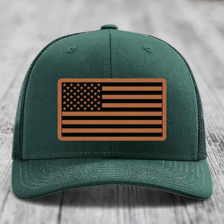 American Flag - Leather Patch Hat - Rawhide to Black Patch - Richardson 112 Snapback Trucker Hat