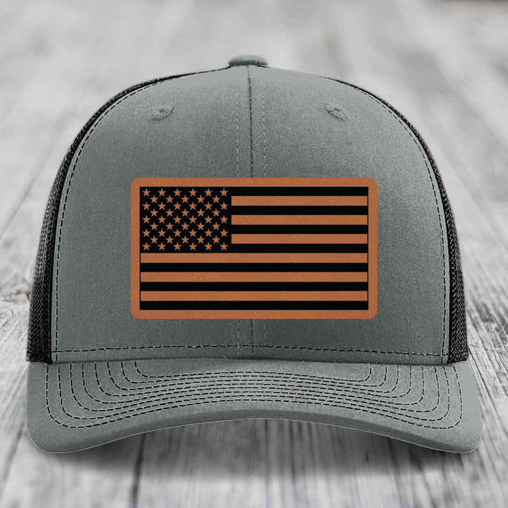 American Flag - Leather Patch Hat - Rawhide to Black Patch - Richardson 112 Snapback Trucker Hat