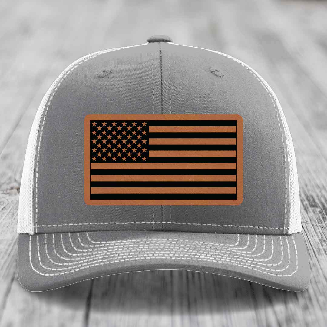 American Flag - Leather Patch Hat - Rawhide to Black Patch - Richardson 112 Snapback Trucker Hat