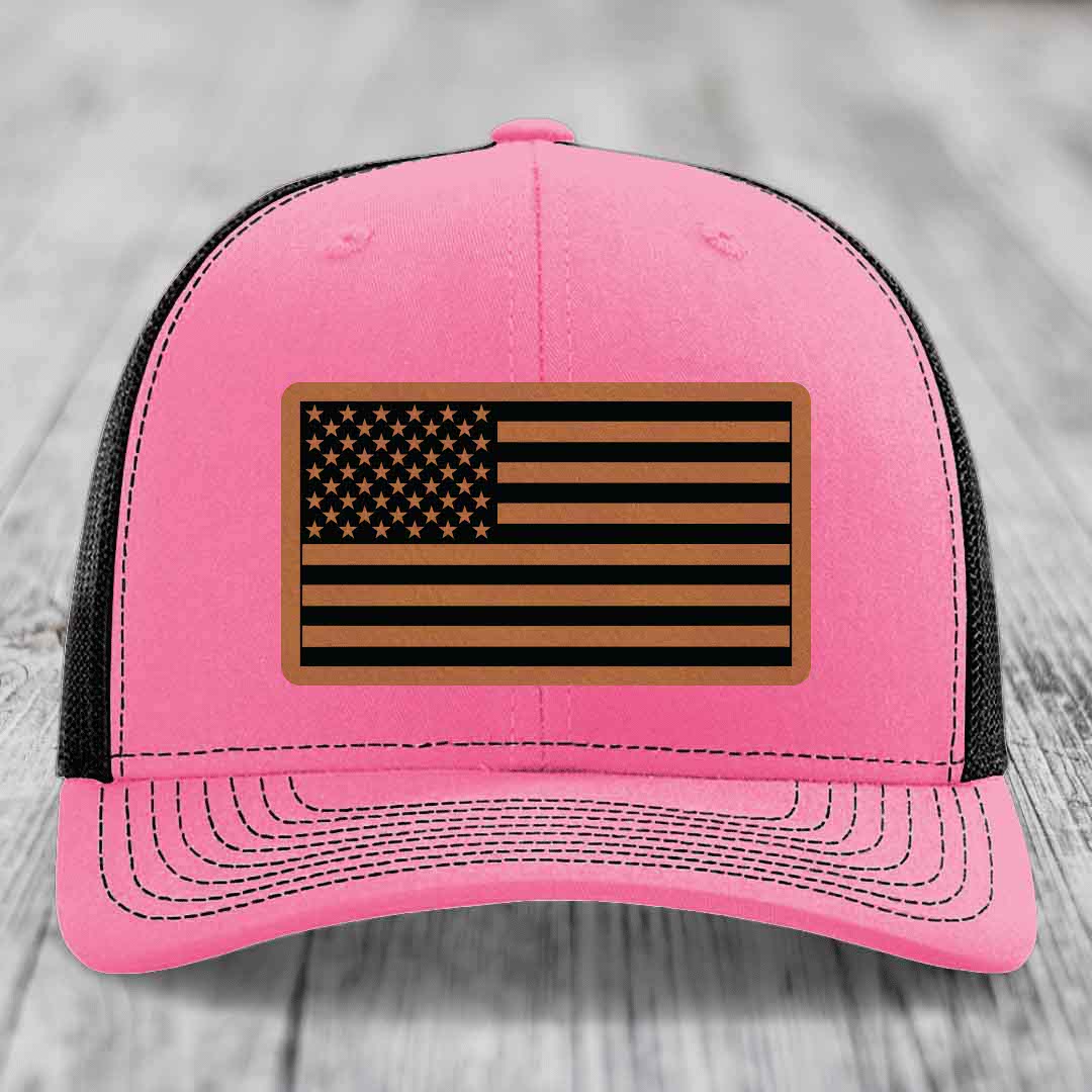 American Flag - Leather Patch Hat - Rawhide to Black Patch - Richardson 112 Snapback Trucker Hat