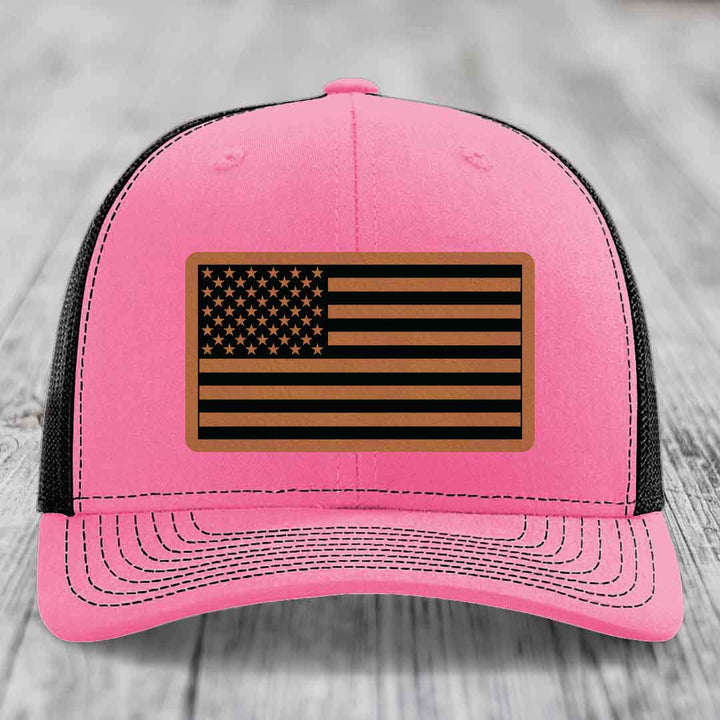 American Flag - Leather Patch Hat - Rawhide to Black Patch - Richardson 112 Snapback Trucker Hat