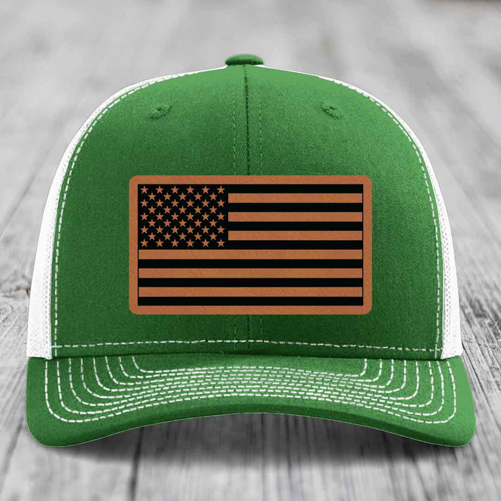 American Flag - Leather Patch Hat - Rawhide to Black Patch - Richardson 112 Snapback Trucker Hat