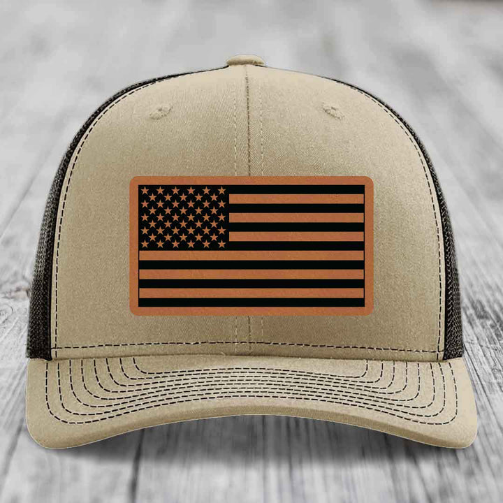 American Flag - Leather Patch Hat - Rawhide to Black Patch - Richardson 112 Snapback Trucker Hat