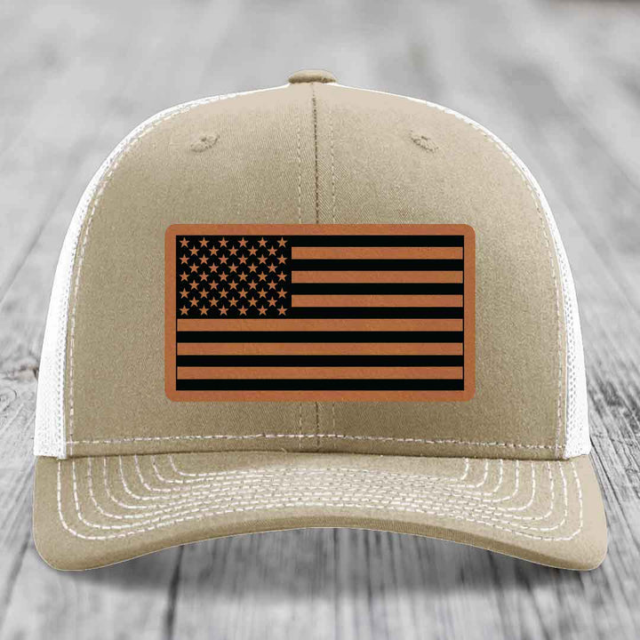 American Flag - Leather Patch Hat - Rawhide to Black Patch - Richardson 112 Snapback Trucker Hat