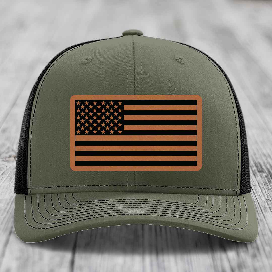 American Flag - Leather Patch Hat - Rawhide to Black Patch - Richardson 112 Snapback Trucker Hat