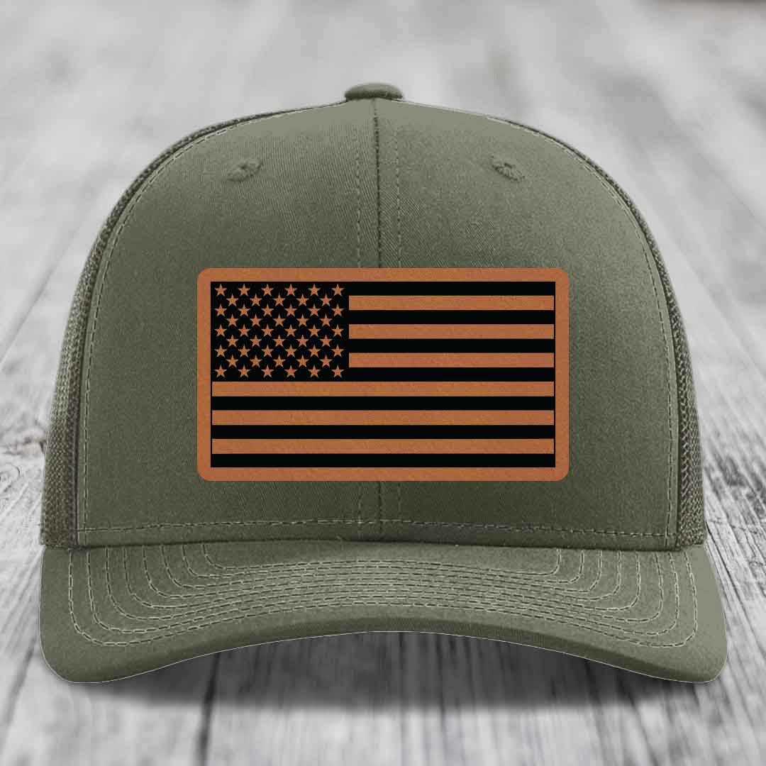 American Flag - Leather Patch Hat - Rawhide to Black Patch - Richardson 112 Snapback Trucker Hat
