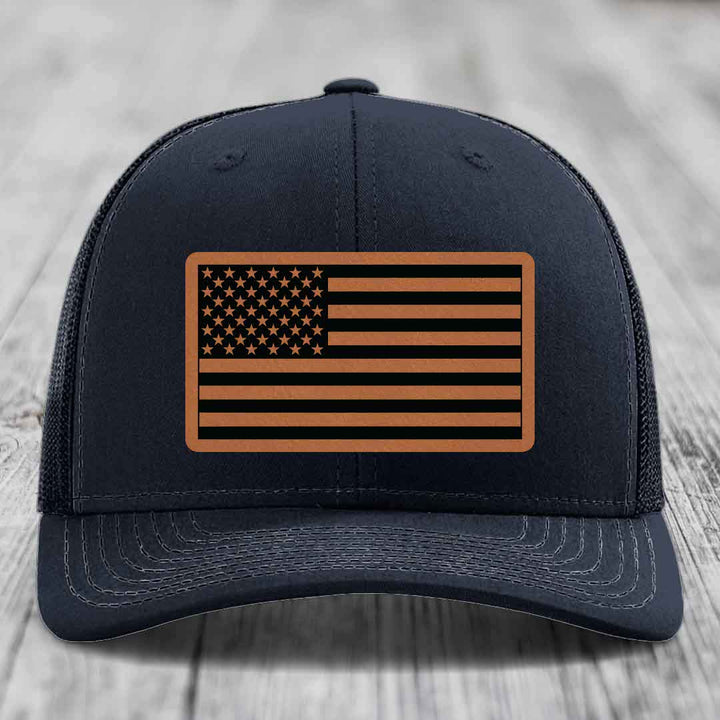 American Flag - Leather Patch Hat - Rawhide to Black Patch - Richardson 112 Snapback Trucker Hat
