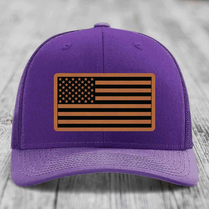 American Flag - Leather Patch Hat - Rawhide to Black Patch - Richardson 112 Snapback Trucker Hat