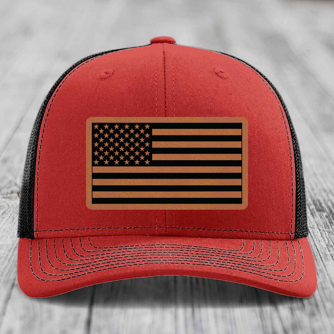 American Flag - Leather Patch Hat - Rawhide to Black Patch - Richardson 112 Snapback Trucker Hat